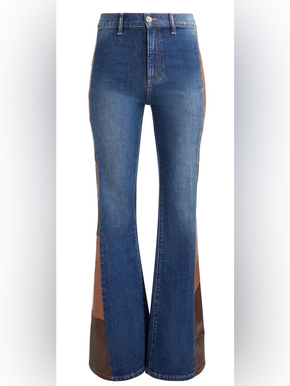 Alice + Olivia Dark Blue Denim Flare Jeans with Brown Patch Panels - Picture 6 of 9
